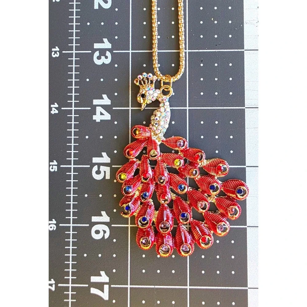 Betsey Johnson Peacock Pendant Necklace Gold-Tone Red Feather Rhinestone‎